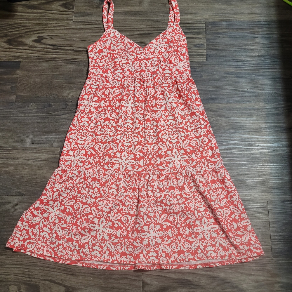 LOFT Red and Cream Floral Midi Dress Size XS Vneck Sleeveless